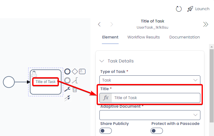 A screenshot demonstrating how to edit the name of of an element via the &quot;Properties Panel&quot;. The screenshot is annotated in red to indicate that the title inside the symbol of an element can be edited via a field in the &quot;Properties Panel&quot;.